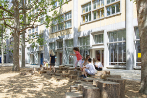Amphithéâtre en rondins de bois récupérés à l'école élémentaire Keller - juillet 2021